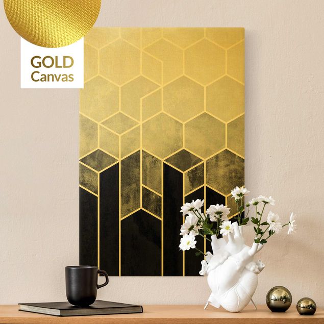Leinwandbild Gold - Elisabeth Fredriksson - Goldene Geometrie - Sechsecke Schwarz Weiß - Hochformat 3:2