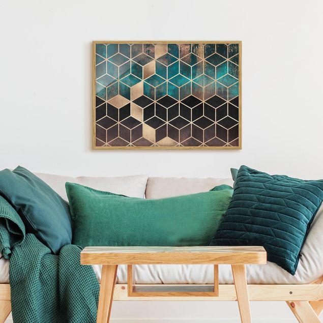 Abstrakte Bilder mit Rahmen Türkis Rosé goldene Geometrie