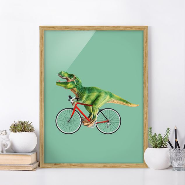Moderne Bilder mit Rahmen Dinosaurier mit Fahrrad