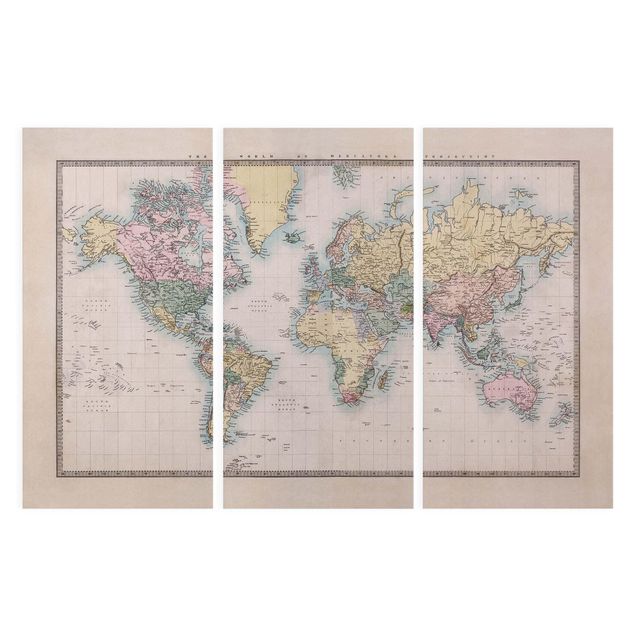 Leinwandbild 3-teilig - Vintage Weltkarte um 1850 - Hoch 1:2