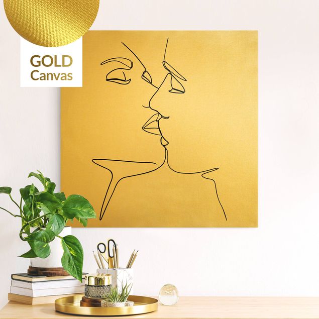 Leinwandbild Gold - Line Art Kuss Gesichter Schwarz Weiß - Quadrat 1:1