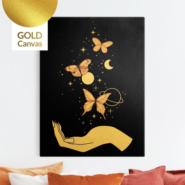 Leinwandbild Gold - Zaubernde Hand - Schmetterlinge Rosa - Hochformat 3:4