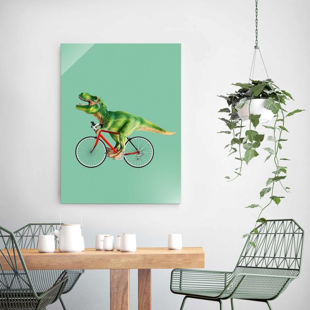 Glasbilder XXL Dinosaurier mit Fahrrad