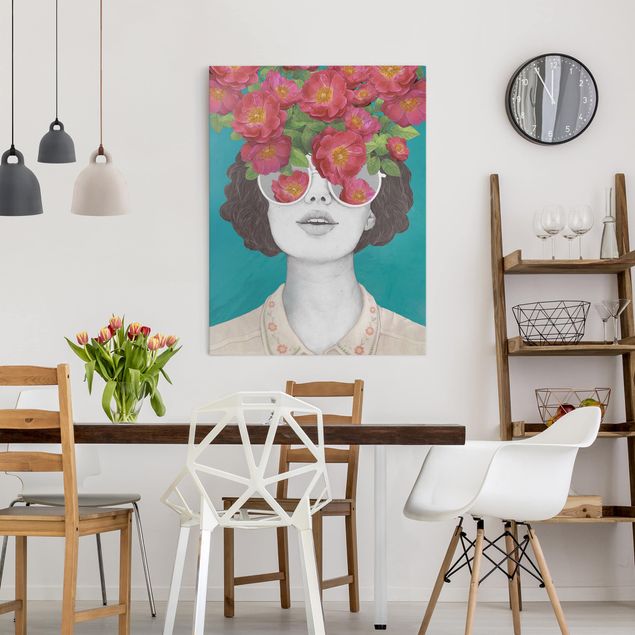 Leinwandbild - Illustration Portrait Frau Collage mit Blumen Brille - Hochformat 4:3