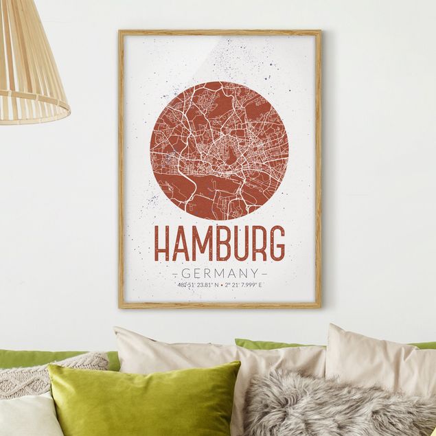 Moderne Bilder mit Rahmen Stadtplan Hamburg - Retro
