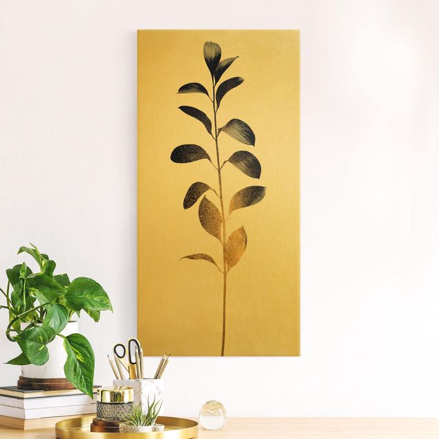 Leinwandbild Gold - Grafische Pflanzenwelt - Gold und Grau - Hochformat 1:2
