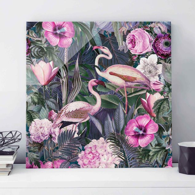 XXL Glasbilder Bunte Collage - Pinke Flamingos im Dschungel