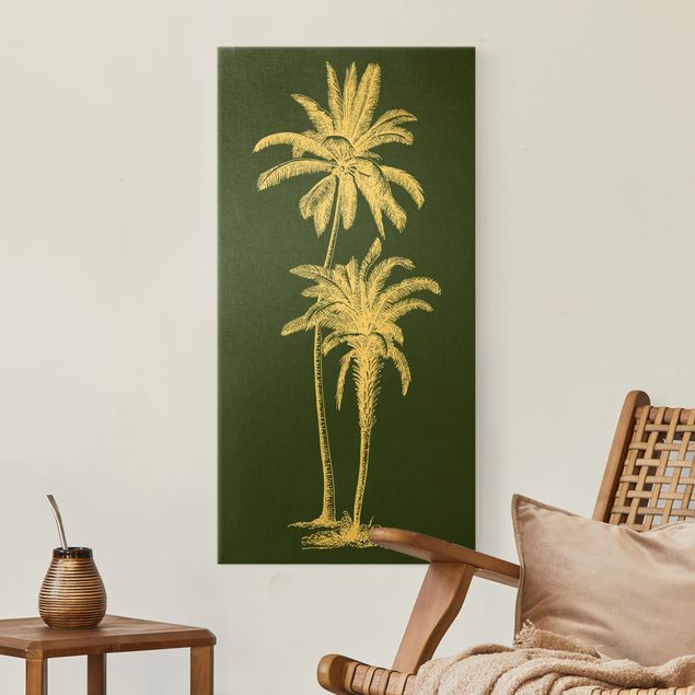 Leinwandbild Gold - Illustration Palmen auf Grün - Hochformat 1:2