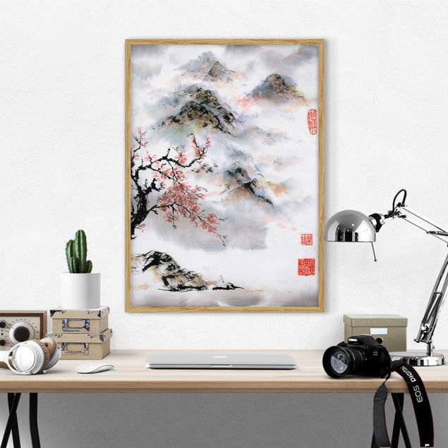 Moderne Bilder mit Rahmen Japanische Aquarell Zeichnung Kirschbaum und Berge
