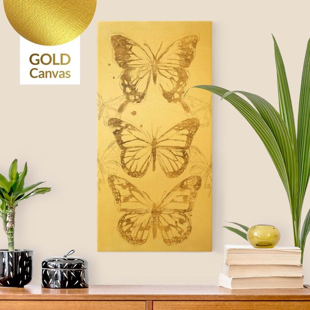Leinwandbild Gold - Schmetterlingskomposition in Gold I - Hochformat 1:2