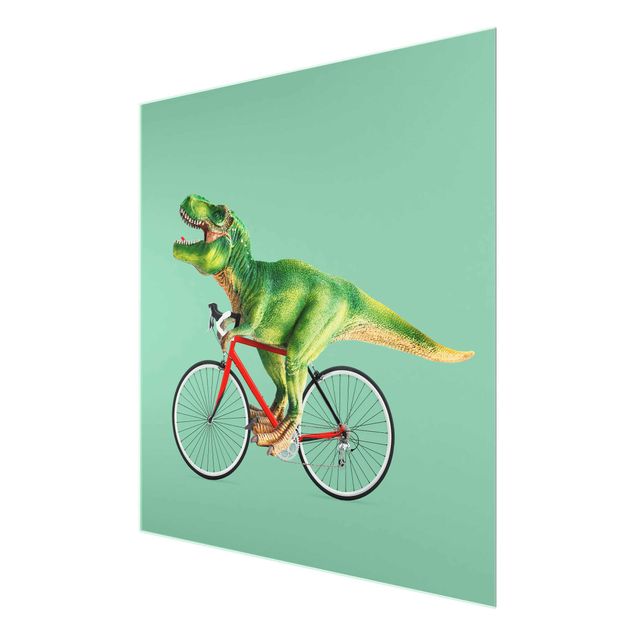 Glas Wandbilder Dinosaurier mit Fahrrad
