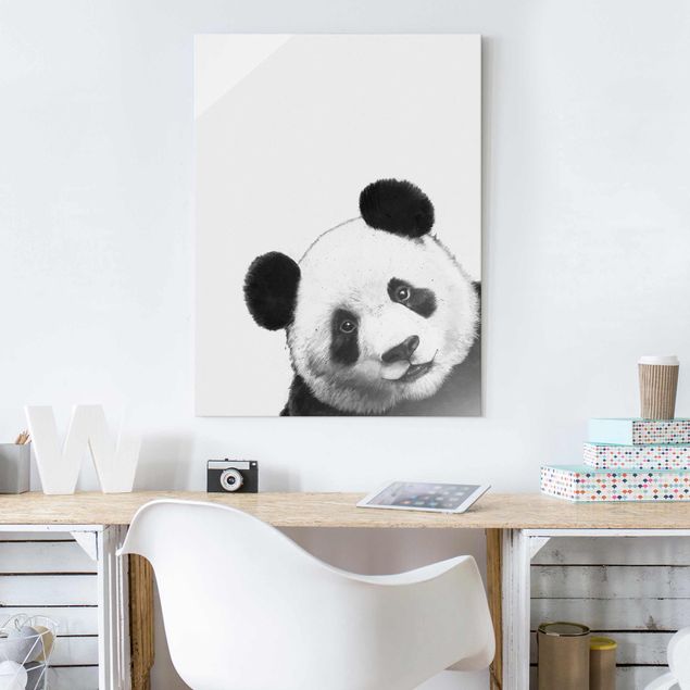 Glasbilder Schwarz-Weiß Illustration Panda Schwarz Weiß Malerei