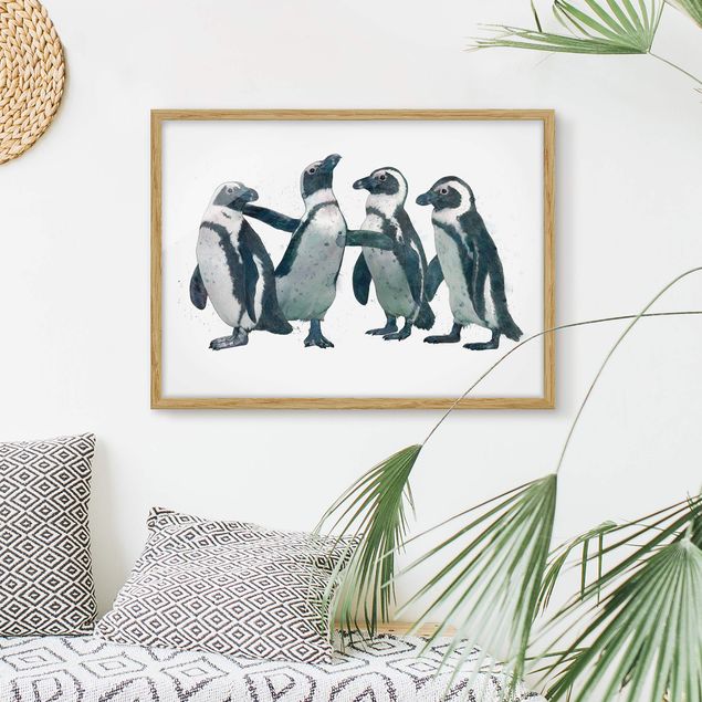 schwarz-weiß Bilder mit Rahmen Illustration Pinguine Schwarz Weiß Aquarell