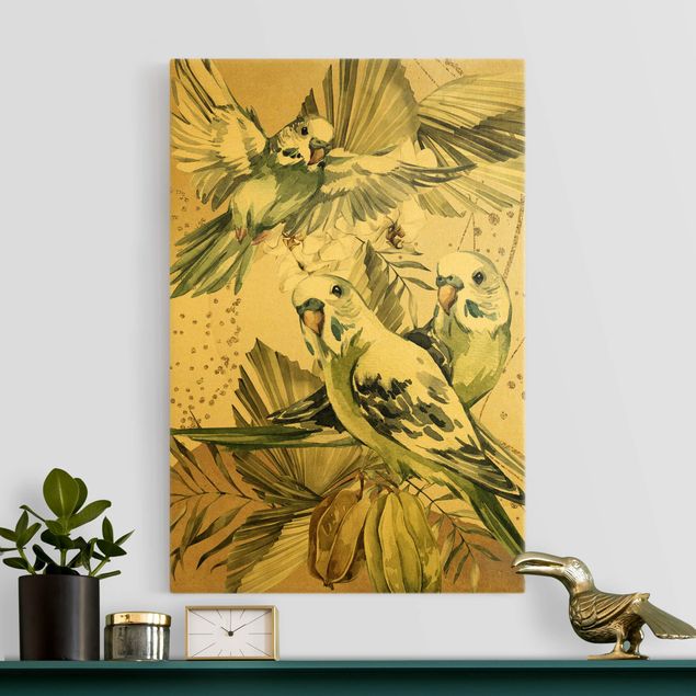 Leinwandbild Gold - Tropische Vögel - Grüne Wellensittiche - Hochformat 3:2