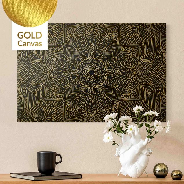 Leinwandbild Gold - Mandala Stern Muster silber schwarz - Querformat 3:2