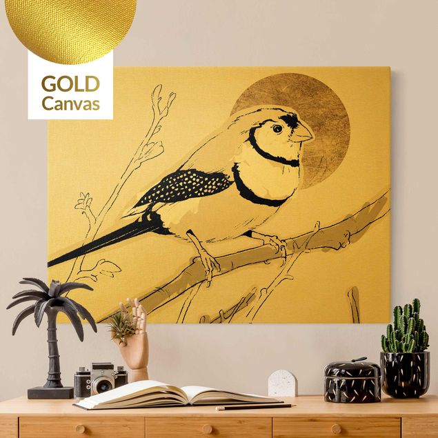 Leinwandbild Gold - Vogel vor goldener Sonne III - Querformat 4:3