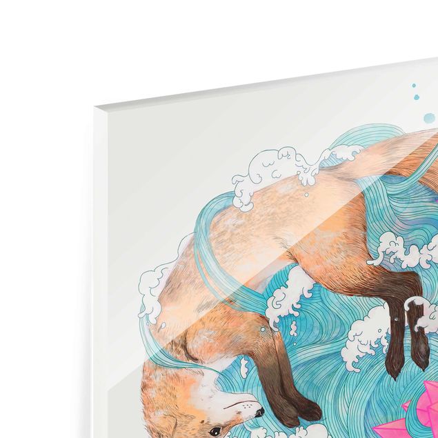 Glasbild - Illustration Füchse und Wellen Malerei - Quadrat 1:1