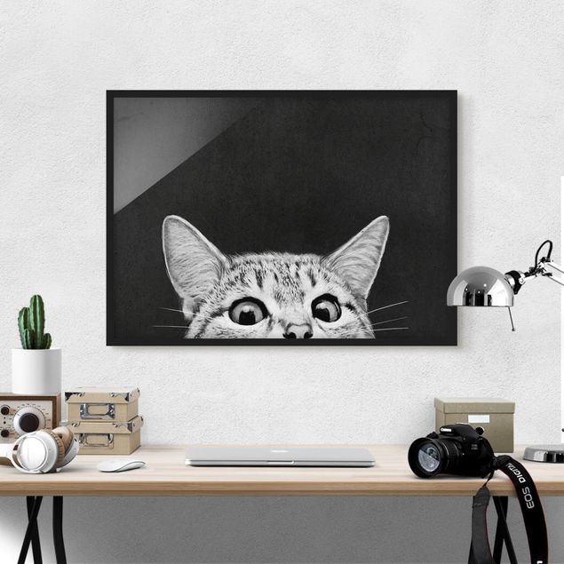 Bild mit Rahmen - Illustration Katze Schwarz Weiß Zeichnung - Querformat 3:4
