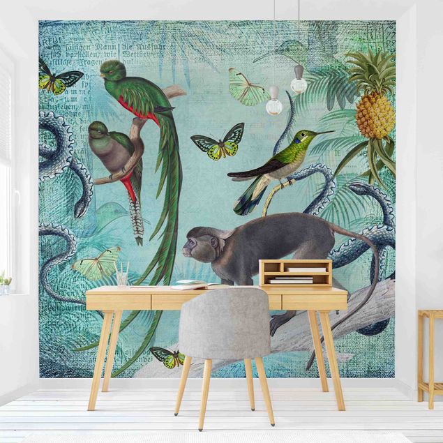 Design Tapeten Colonial Style Collage - Äffchen und Paradiesvögel
