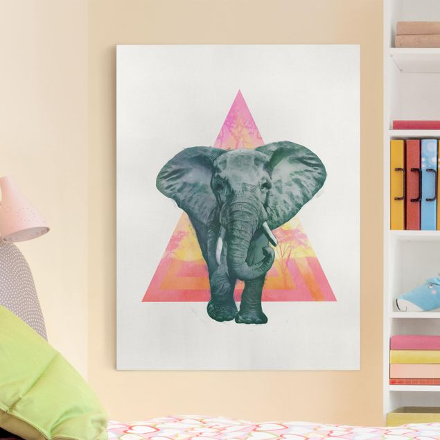 Leinwandbild - Illustration Elefant vor Dreieck Malerei - Hochformat 4:3