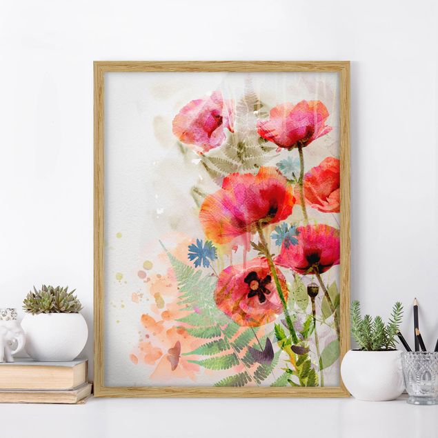 Moderne Bilder mit Rahmen Aquarell Blumen Mohn