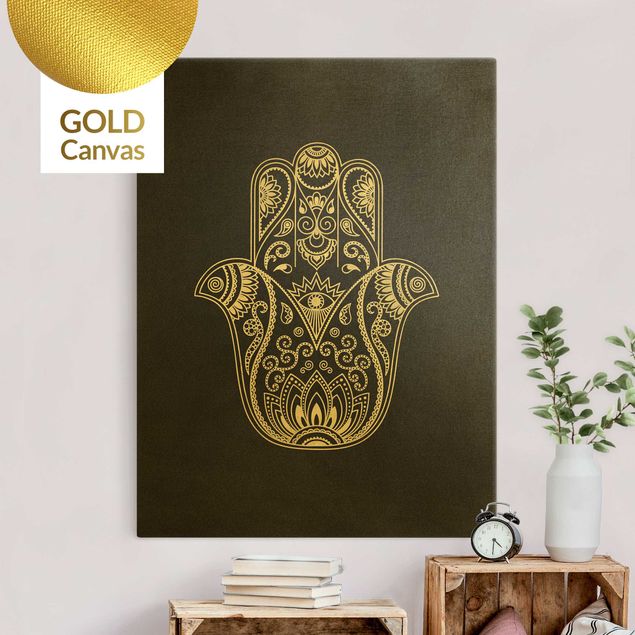 Leinwandbild Gold - Mandala Hamsa Hand Lotus Set auf Schwarz - Hochformat 4:3