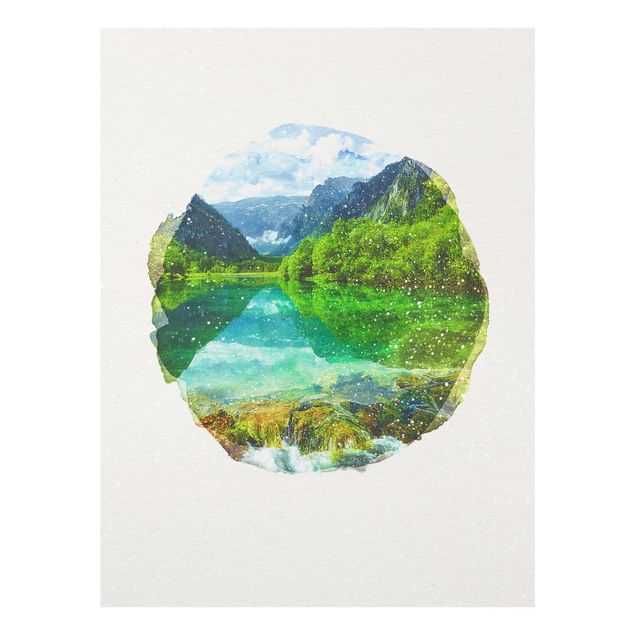 Glasbild - Wasserfarben - Bergsee mit Spiegelung - Hochformat 4:3