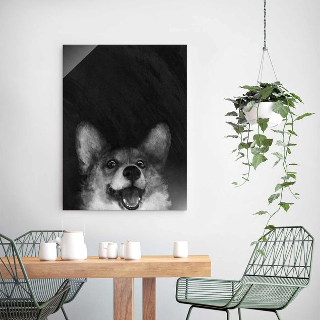 Glasbild schwarz-weiß Illustration Hund Corgi Malerei Schwarz Weiß