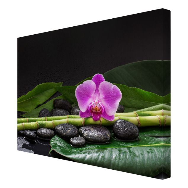Leinwandbild - Grüner Bambus mit Orchideenblüte - Querformat 3:4