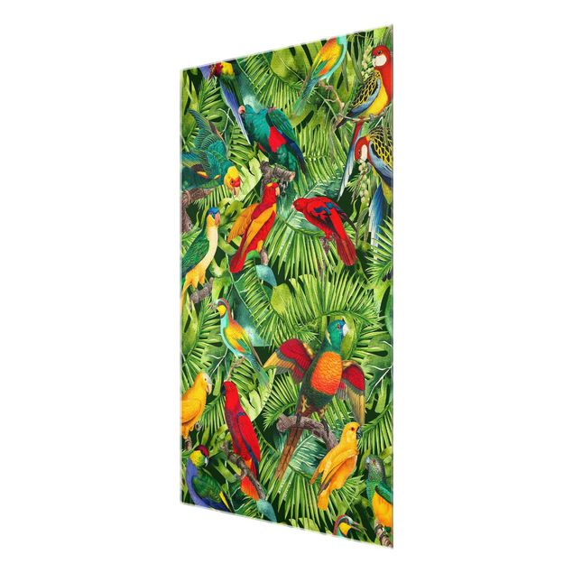 Glasbild - Bunte Collage - Papageien im Dschungel - Hochformat 3:2