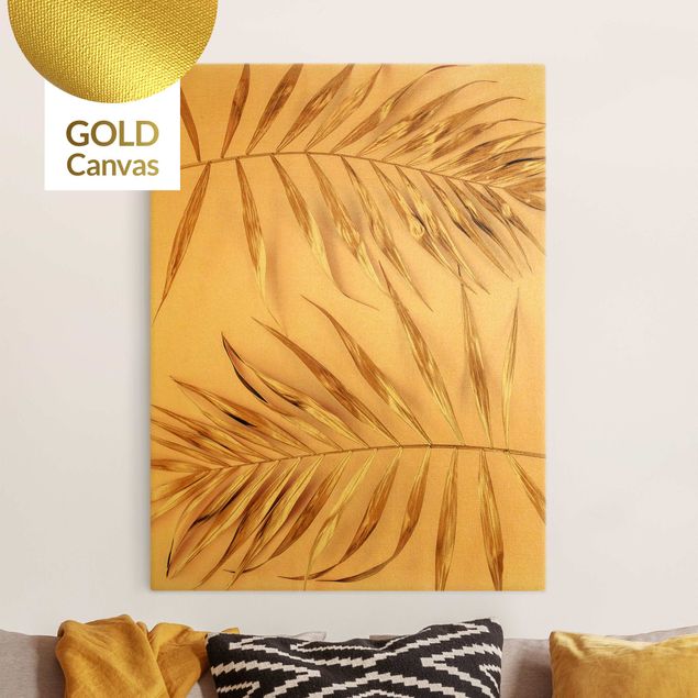Leinwandbild Gold - Goldene Palmenblätter auf Rosa - Hochformat 3:4