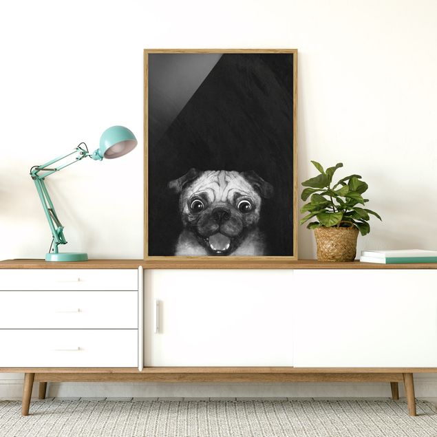 Tiere Bilder mit Rahmen Illustration Hund Mops Malerei auf Schwarz Weiß