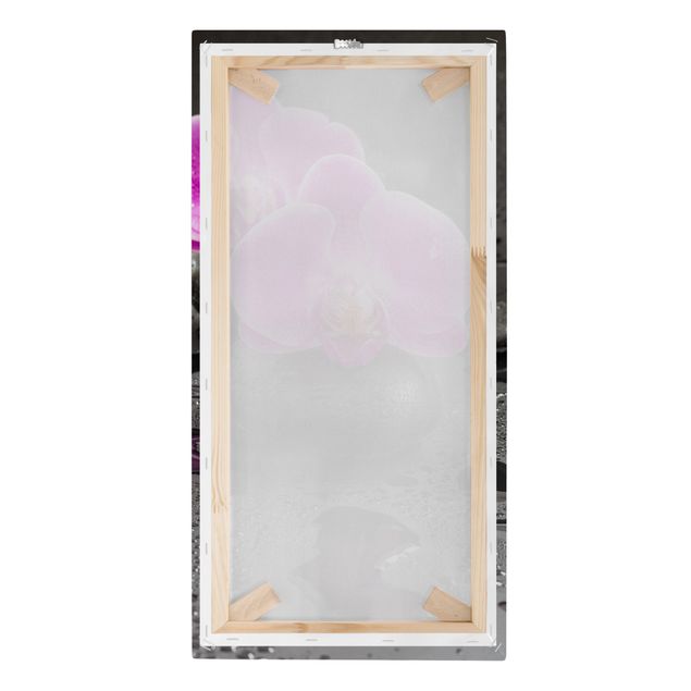 Leinwandbild - Pinke Orchideenblüten auf Steinen mit Tropfen - Hochformat 2:1