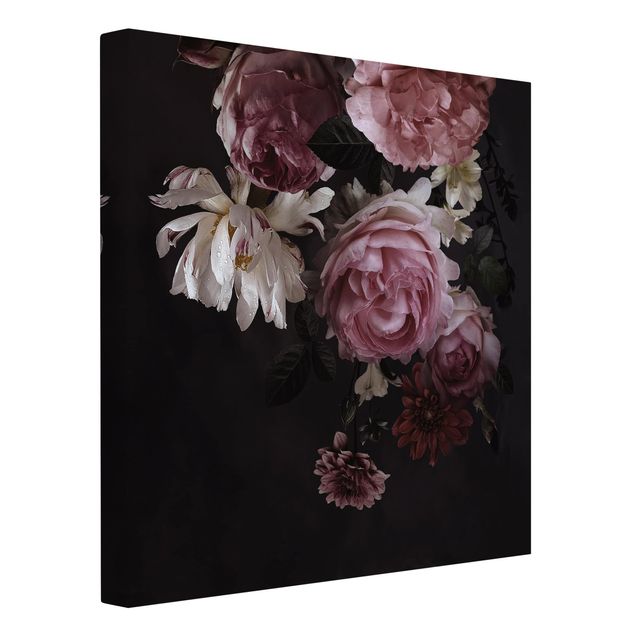 Leinwandbild - Rosa Blumen auf Schwarz - Quadrat 1:1