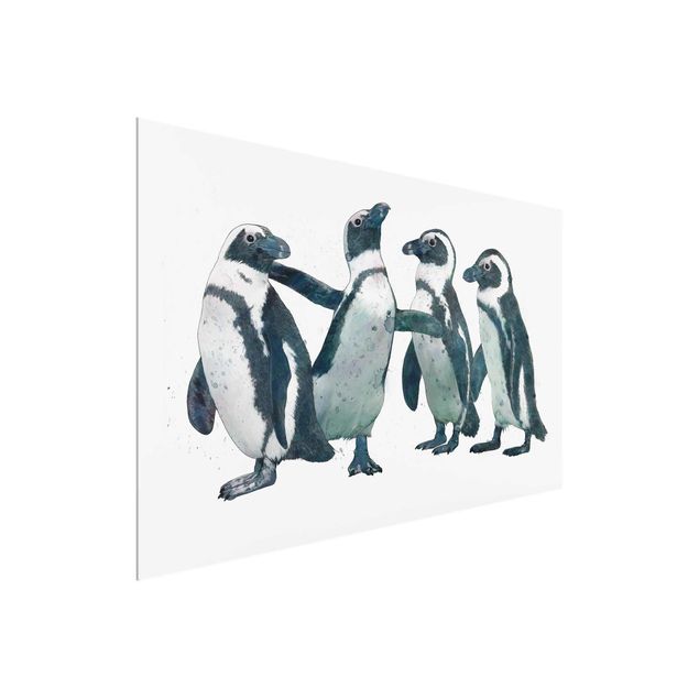 Glasbild - Illustration Pinguine Schwarz Weiß Aquarell - Querformat 2:3