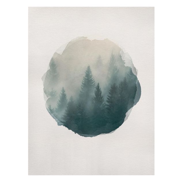 Leinwandbild - Wasserfarben - Nadelwald im Nebel - Hochformat 4:3