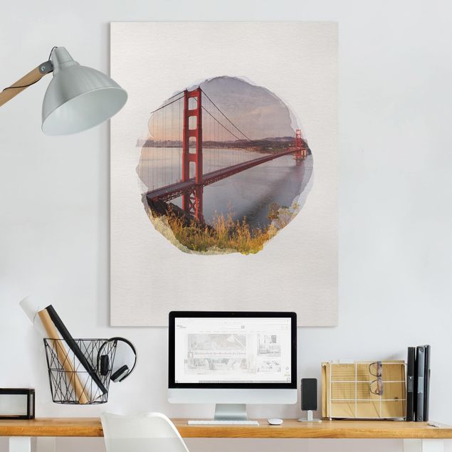 Leinwandbild - Wasserfarben - Golden Gate Bridge in San Francisco - Hochformat 4:3