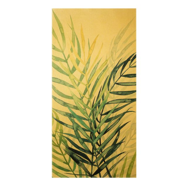 Leinwandbild Gold - Tropisches Blattwerk - Palme - Hochformat 1:2
