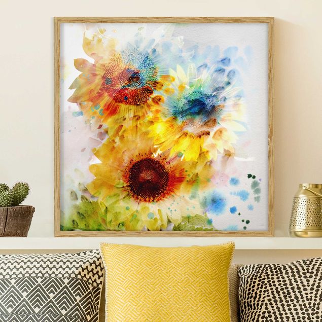 Moderne Bilder mit Rahmen Aquarell Blumen Sonnenblumen