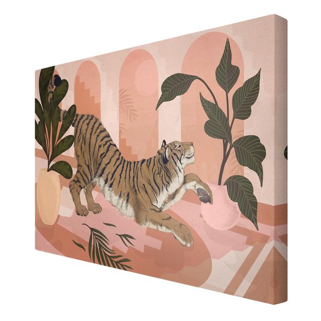 Leinwandbild - Illustration Tiger in Pastell Rosa Malerei - Querformat 2:3