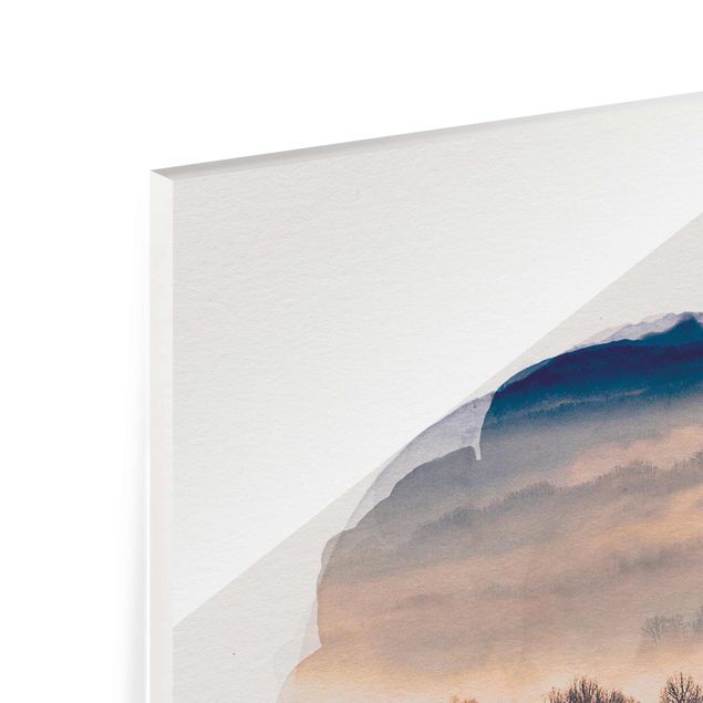 Glasbild - Wasserfarben - Nebel bei Sonnenuntergang - Hochformat 4:3