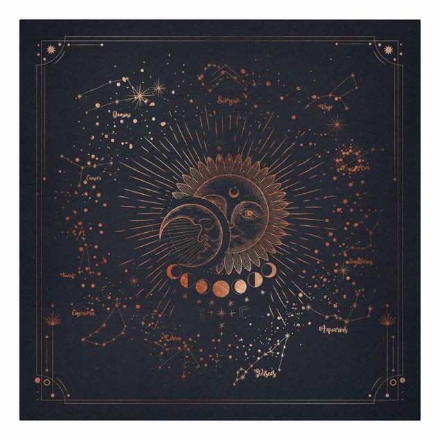 Leinwandbild - Astrologie Sonne Mond und Sterne Blau Gold - Quadrat 1:1