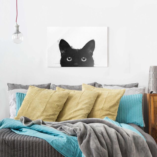 XXL Glasbilder Illustration Schwarze Katze auf Weiß Malerei