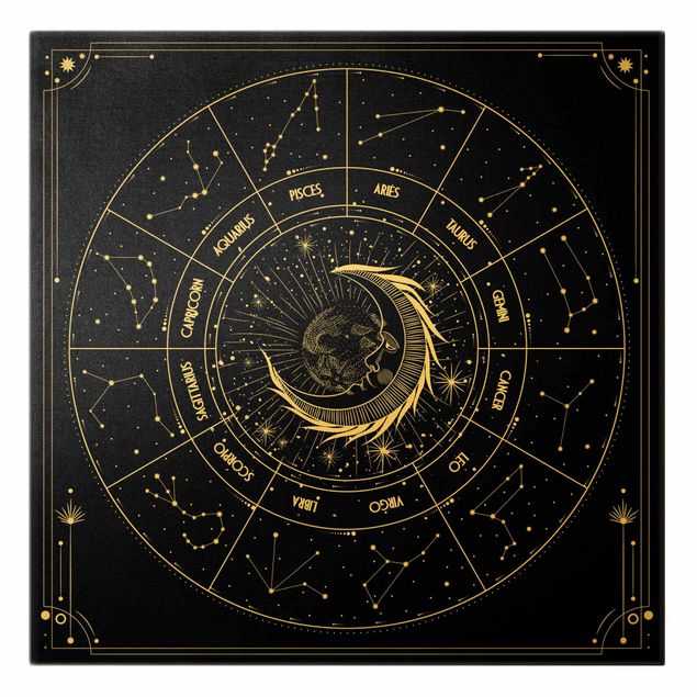 Leinwandbild Gold - Astrologie Mond und Sternzeichen Schwarz - Quadrat