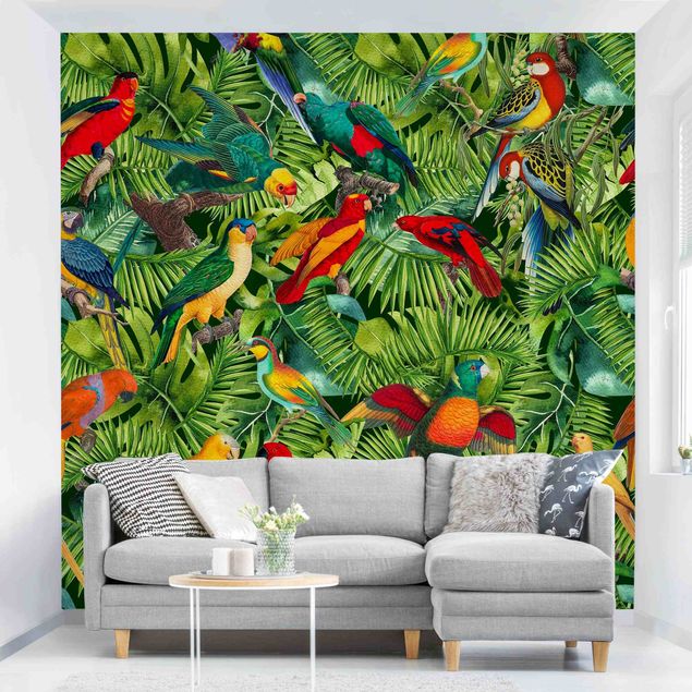 Tapete Vögel Bunte Collage - Papageien im Dschungel