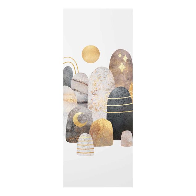 Glasbild - Elisabeth Fredriksson - Gold Berge mit Mond - Panel
