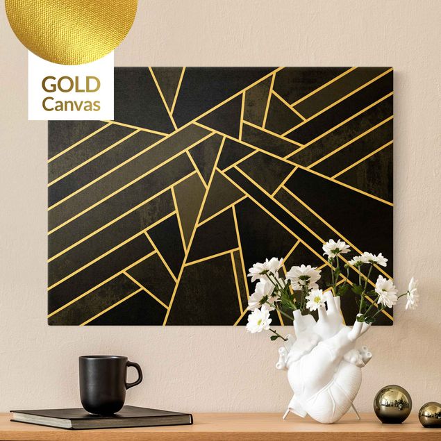 Leinwandbild Gold - Elisabeth Fredriksson - Goldene Geometrie - Schwarze Dreiecke - Querformat 3:4