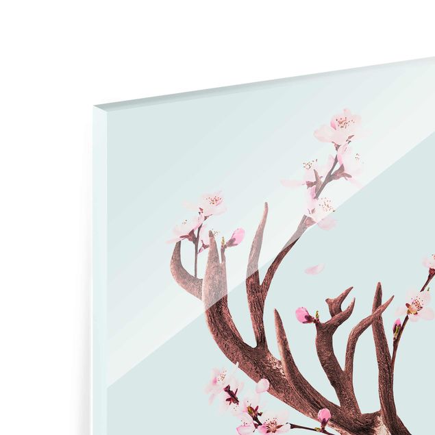 Glas Wandbilder Hirsch mit Kirschblüten