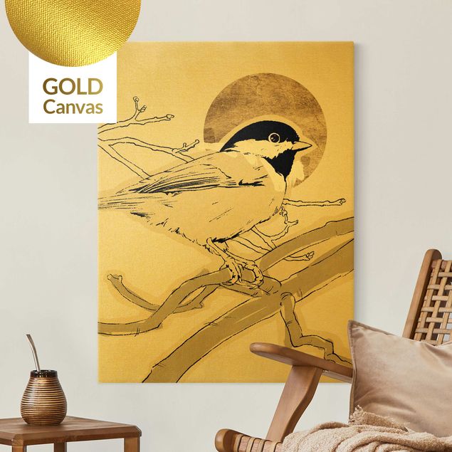 Leinwandbild Gold - Vogel vor goldener Sonne I - Hochformat 3:4