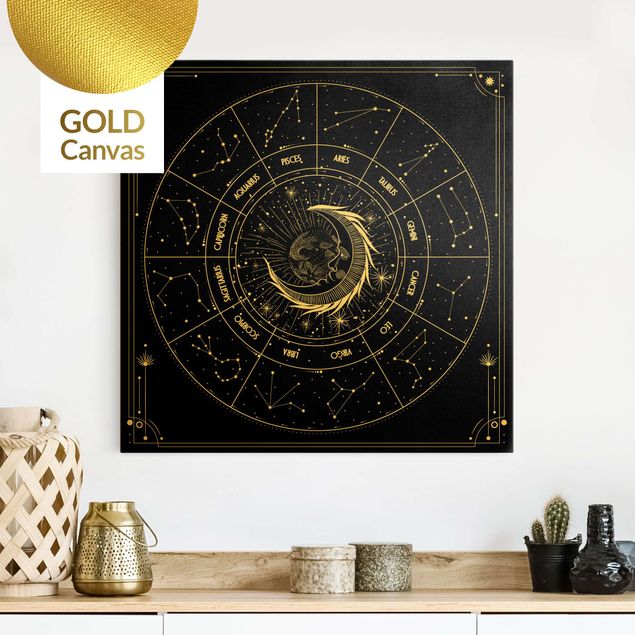 Leinwandbild Gold - Astrologie Mond und Sternzeichen Schwarz - Quadrat